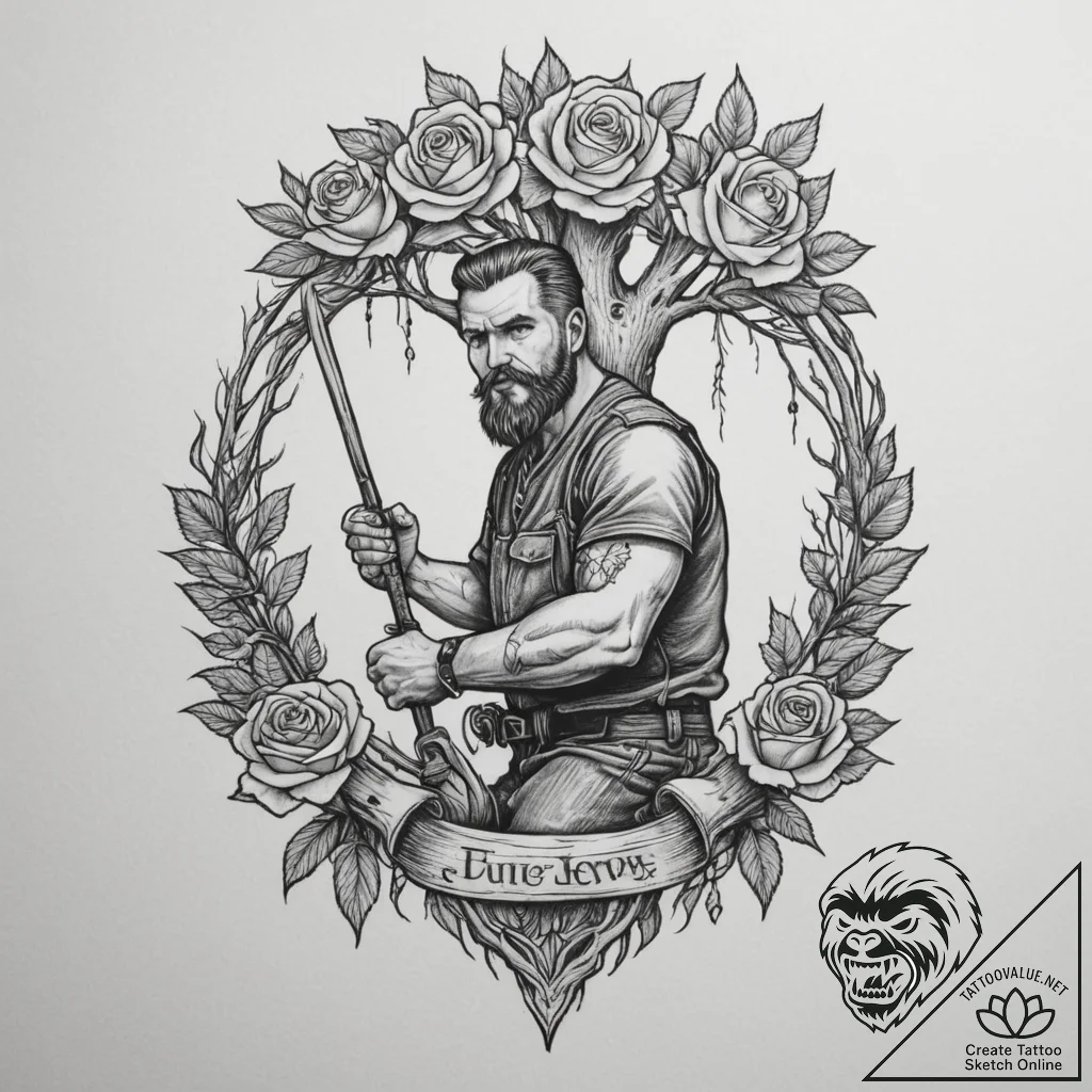 A shot of a lumberjack felling a large tree.,... - tattoo sketch (№1754999709_0, 12.08.2025 11:55) — tattoovalue.net