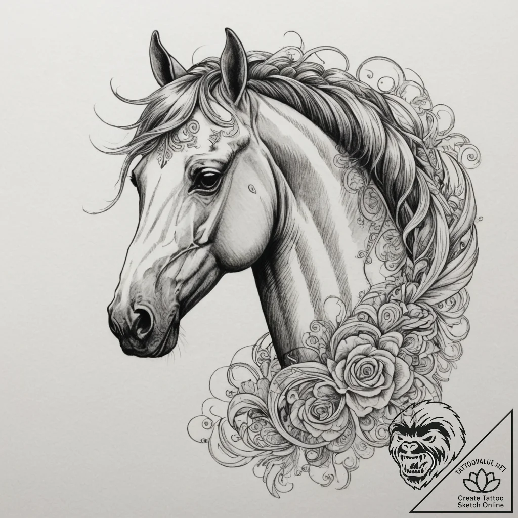 Horse, artistic tattoo sketch, on a clean whi... - tattoo sketch (№1754999912_0, 12.08.2025 11:58) — tattoovalue.net