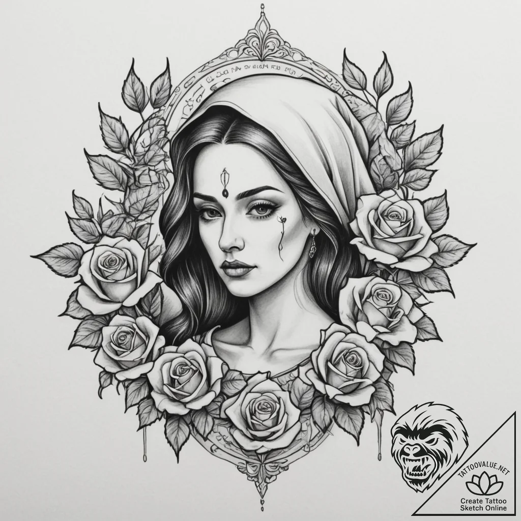 Mother of god, tattoo line art, on a clean wh... - tattoo sketch (№1755001512_0, 12.08.2025 12:25) — tattoovalue.net