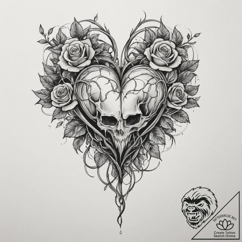 Tattoo sketch a heart woven from delicate vin... - tattoo sketch (№1755001717_0, 12.08.2025 12:28) — tattoovalue.net
