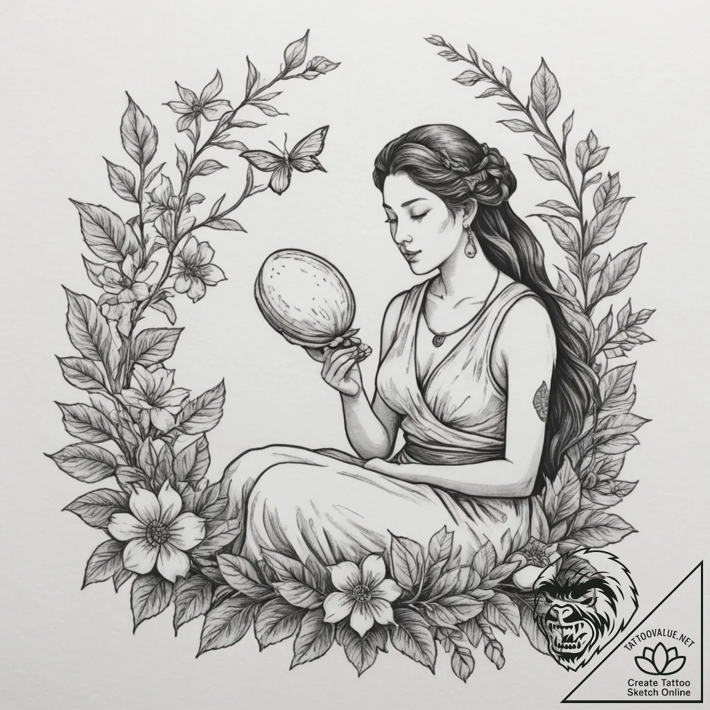 Tattoo design: a peaceful scene of mokosh ten... - tattoo sketch (№1755004531_0, 12.08.2025 13:15) — tattoovalue.net