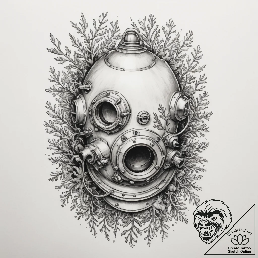 An old diving helmet overgrown with coral - tattoo sketch (№1755005134_0, 12.08.2025 13:25) — tattoovalue.net