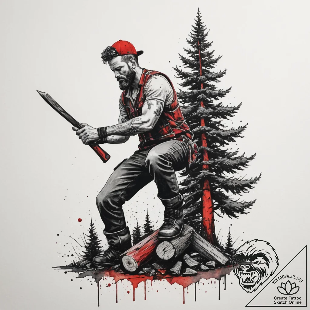 A shot of a lumberjack felling a large tree.,... - tattoo sketch (№1755005729_0, 12.08.2025 13:35) — tattoovalue.net