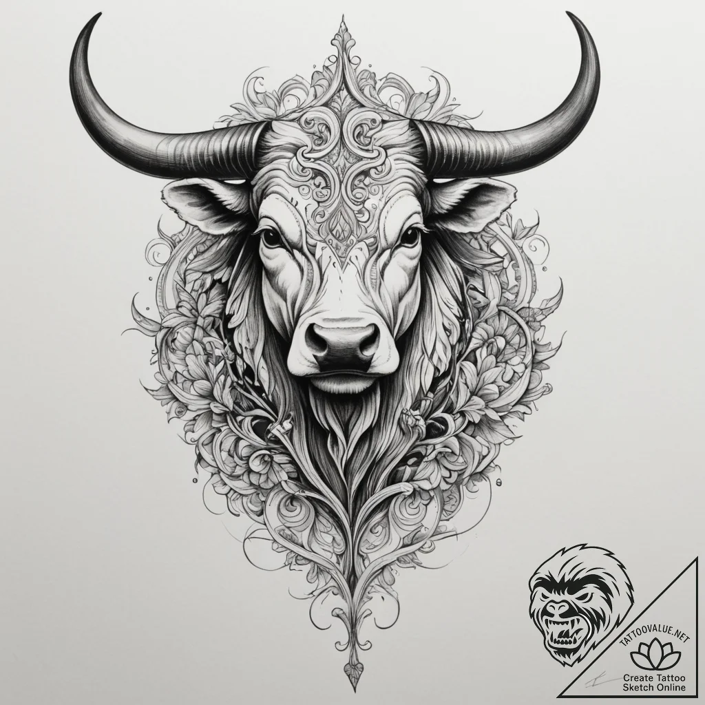 Tattoo design a detailed taurus bull in a pow... - tattoo sketch (№1755009336_0, 12.08.2025 14:35) — tattoovalue.net