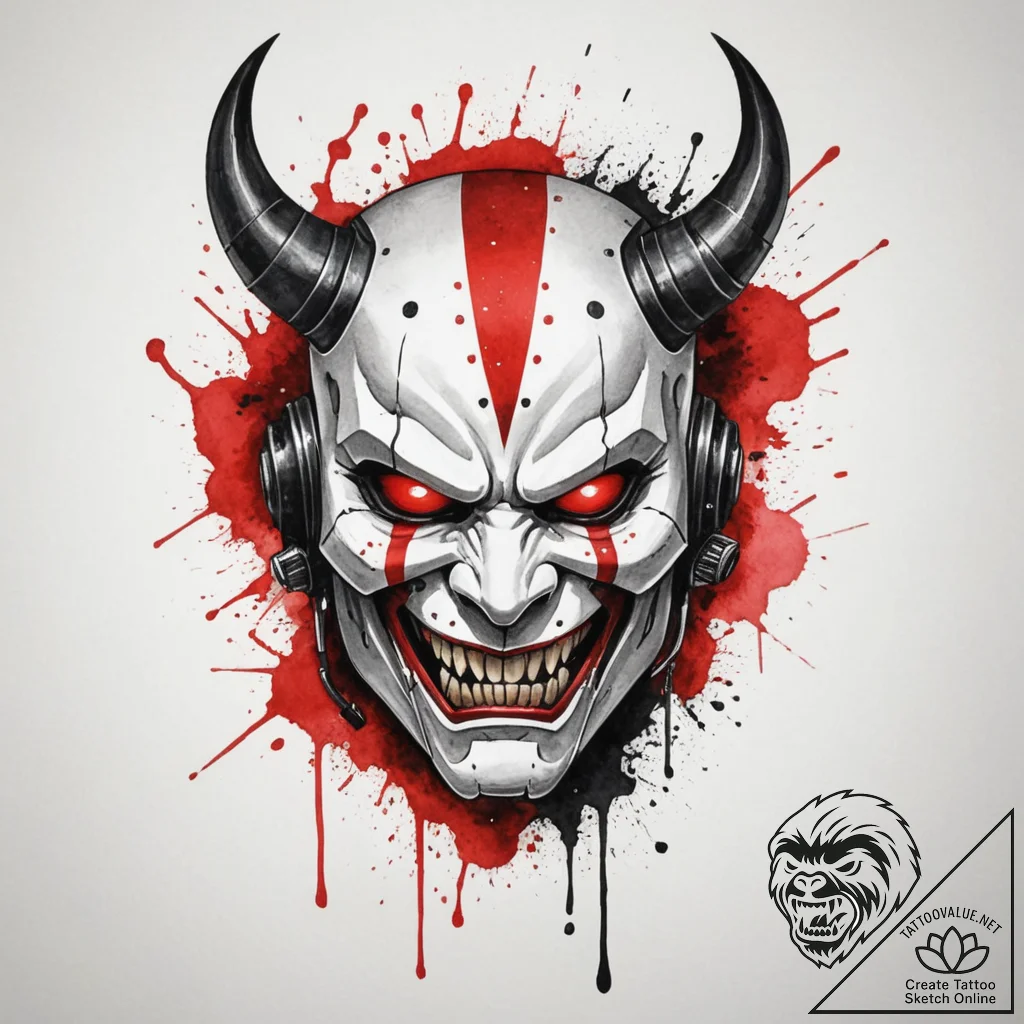 Cyberpunk oni mask, concept art for tattoo, b... - tattoo sketch (№1755009935_0, 12.08.2025 14:45) — tattoovalue.net