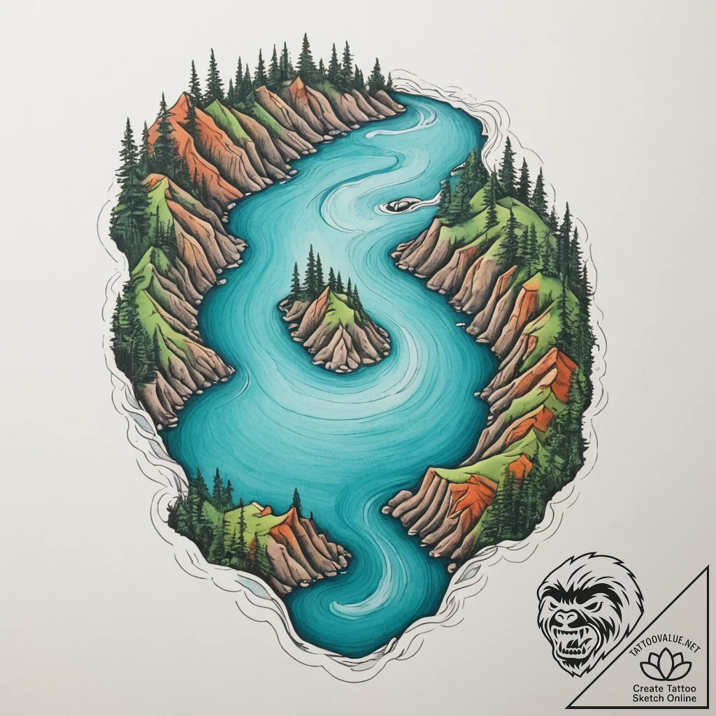 An aerial drone shot of a vibrant turquoise r... - tattoo sketch (№1755011145_0, 12.08.2025 15:05) — tattoovalue.net