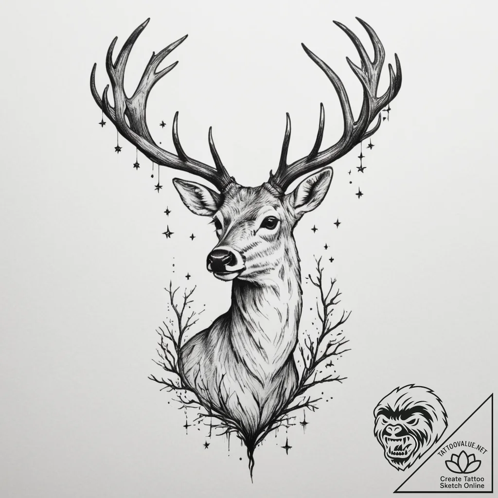 A deer with antlers made of dead branches and... - tattoo sketch (№1755012361_0, 12.08.2025 15:26) — tattoovalue.net