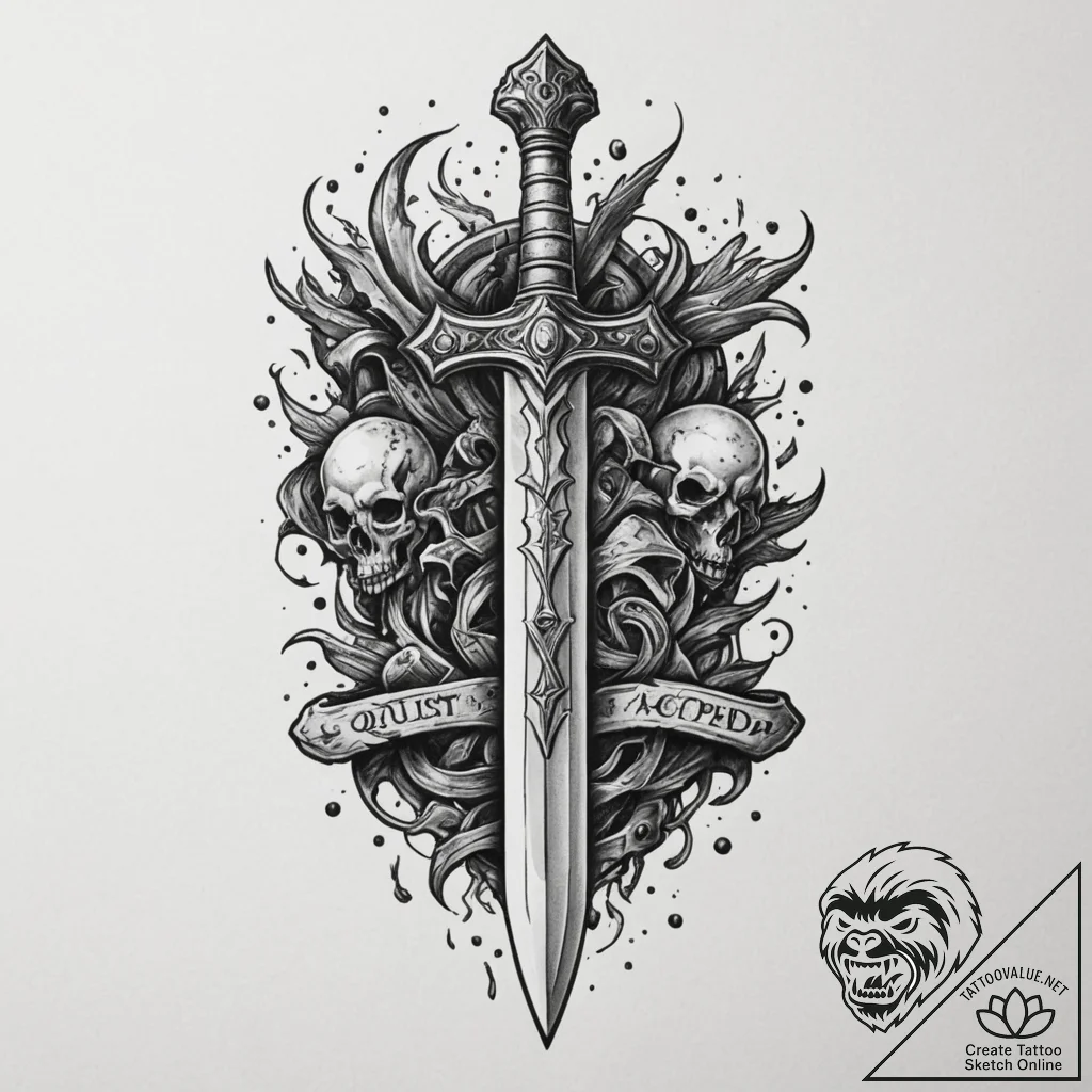 Tattoo design a classic fantasy sword plunged... - tattoo sketch (№1755013957_0, 12.08.2025 15:52) — tattoovalue.net