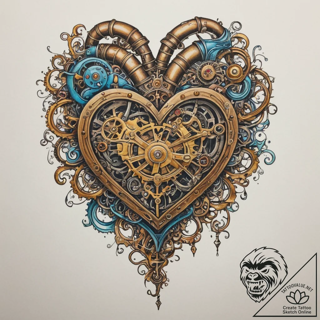 Steampunk heart with pipes and pressure gauge... - tattoo sketch (№1755015144_0, 12.08.2025 16:12) — tattoovalue.net