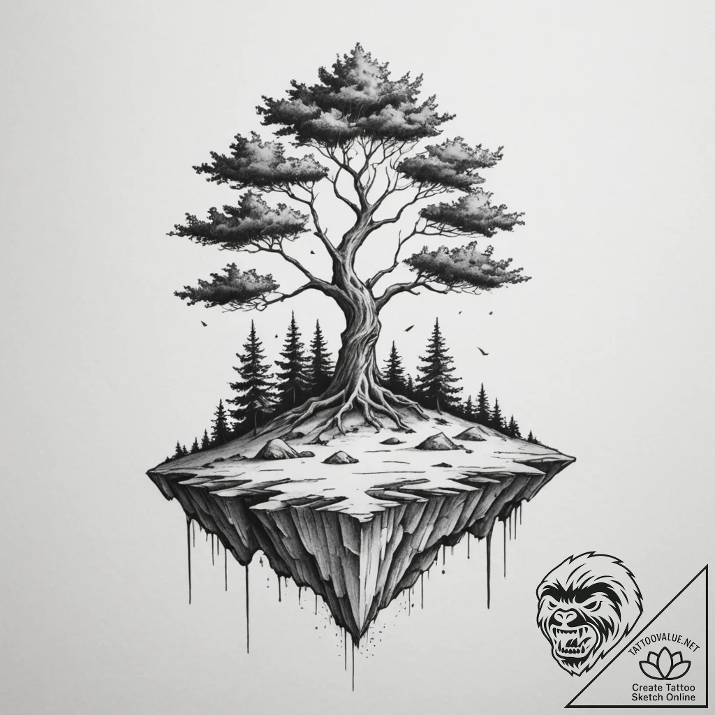A floating island with a single tree, tattoo... - tattoo sketch (№1755016531_0, 12.08.2025 16:35) — tattoovalue.net