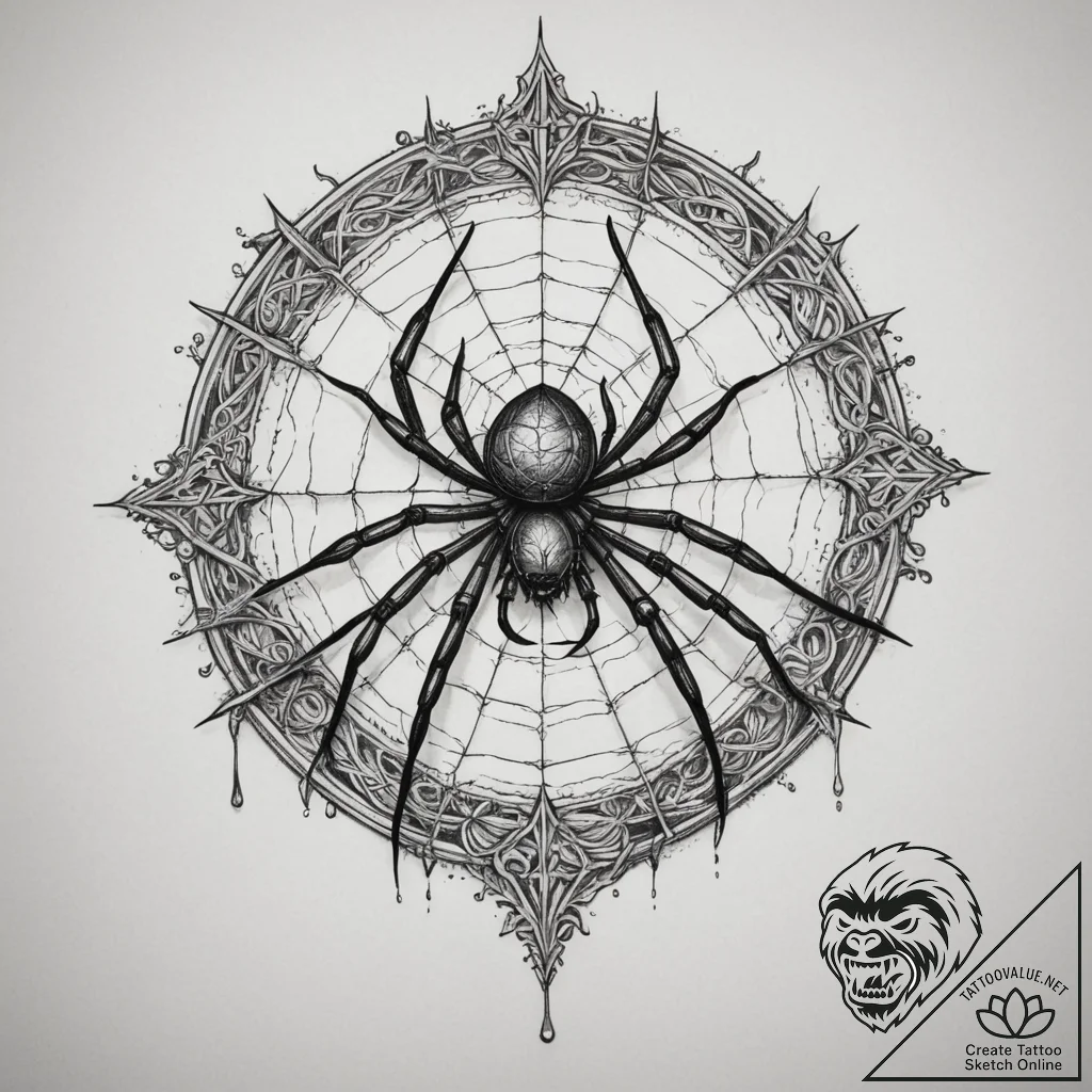 A close-up of a spider weaving its intricate... - tattoo sketch (№1755017522_0, 12.08.2025 16:52) — tattoovalue.net