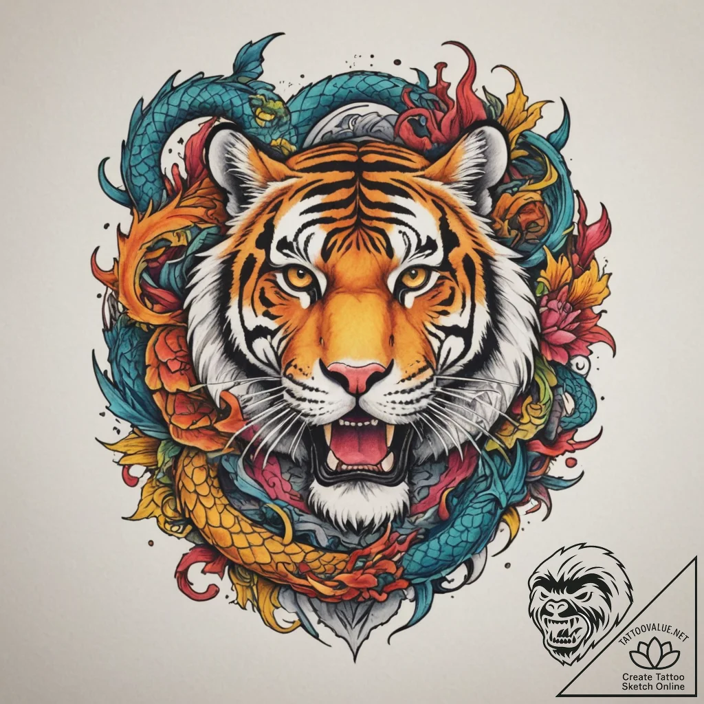 Tiger and dragon, tattoo drawing outline, vib... - tattoo sketch (№1755019503_0, 12.08.2025 17:25) — tattoovalue.net