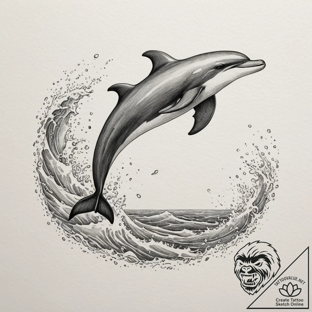 A playful dolphin leaping out of the ocean wa... - tattoo sketch (№1755023501_0, 12.08.2025 18:31) — tattoovalue.net