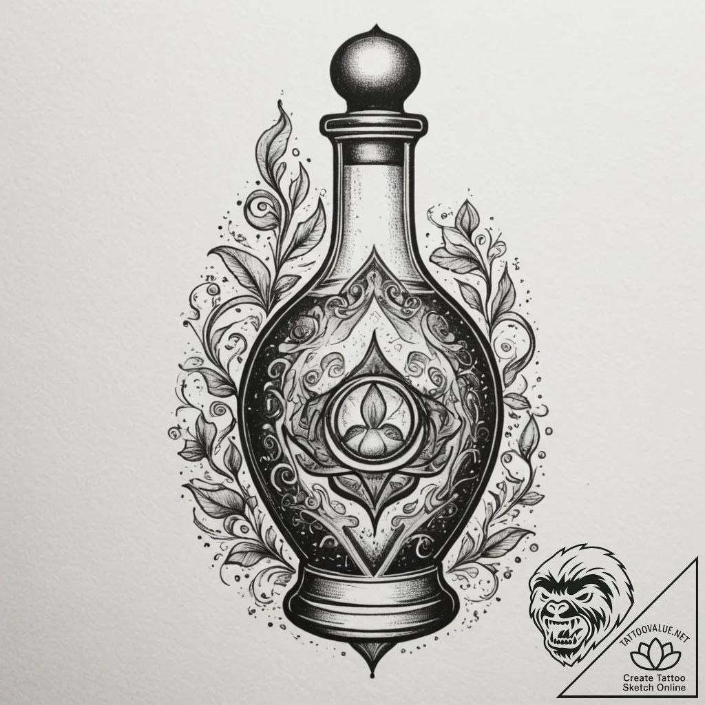 Tattoo design a small, stylized potion bottle... - tattoo sketch (№1755024891_0, 12.08.2025 18:54) — tattoovalue.net