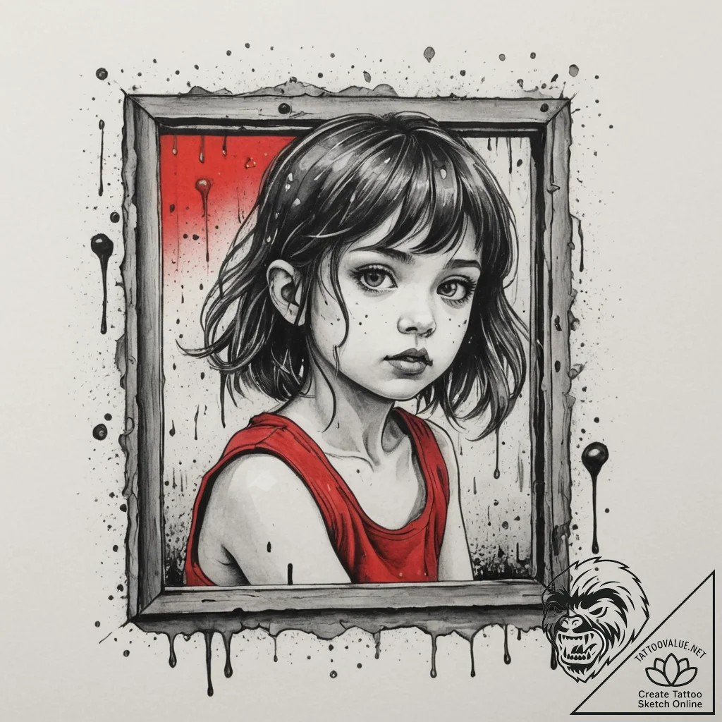 A child looking out a rain-streaked window on... - tattoo sketch (№1755025288_0, 12.08.2025 19:01) — tattoovalue.net