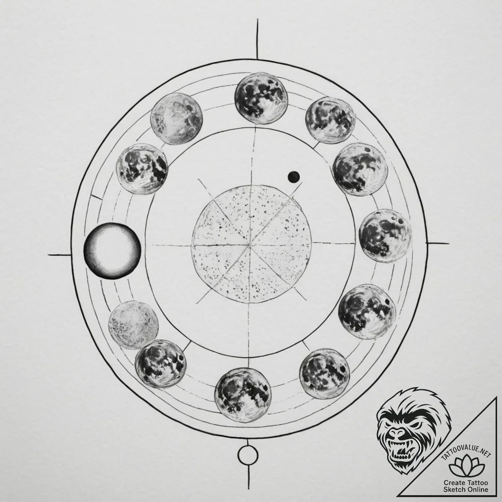 Tattoo sketch a moon phase where each phase i... - tattoo sketch (№1755026884_0, 12.08.2025 19:28) — tattoovalue.net