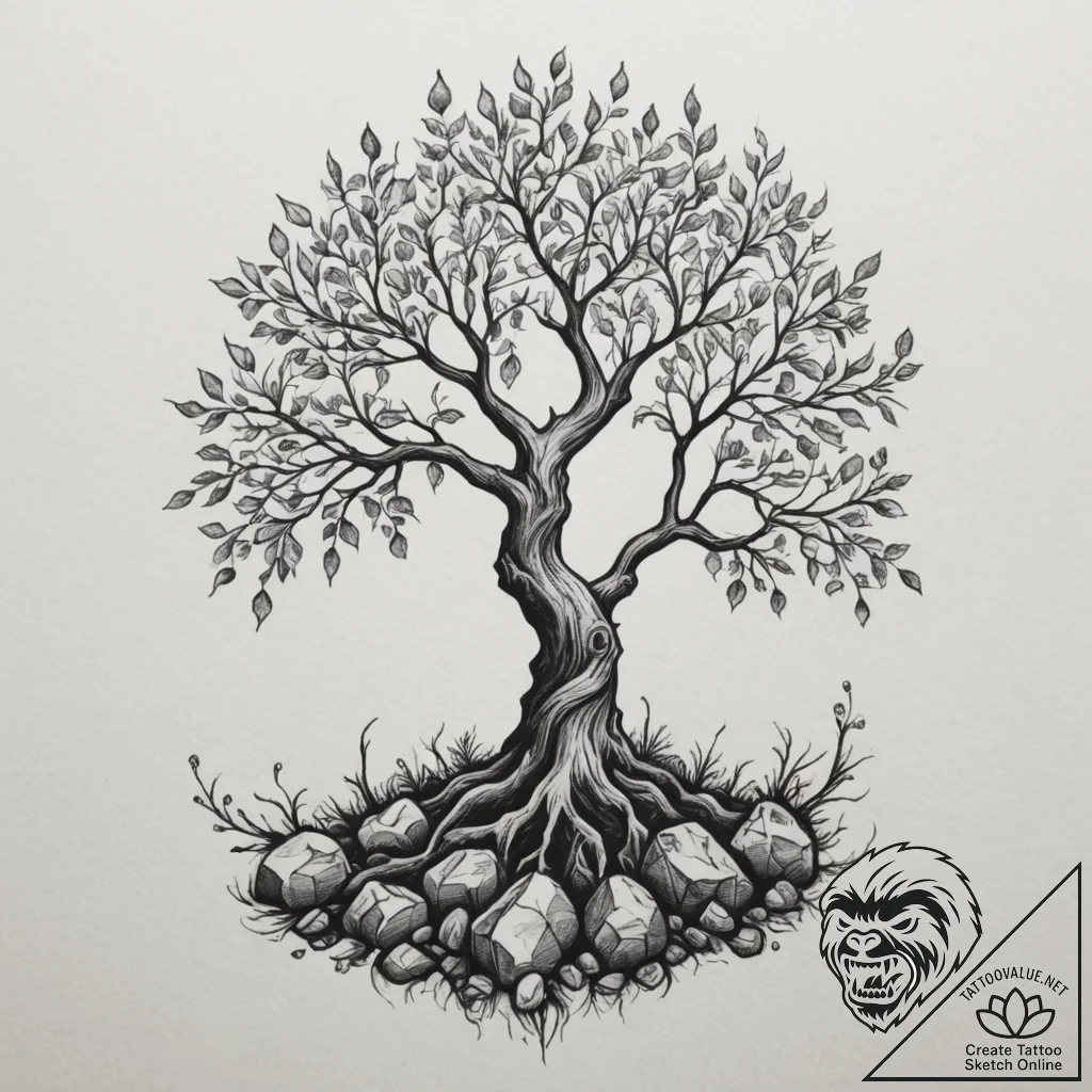 Tattoo sketch a tree growing out of rock, sym... - tattoo sketch (№1755029513_0, 12.08.2025 20:11) — tattoovalue.net