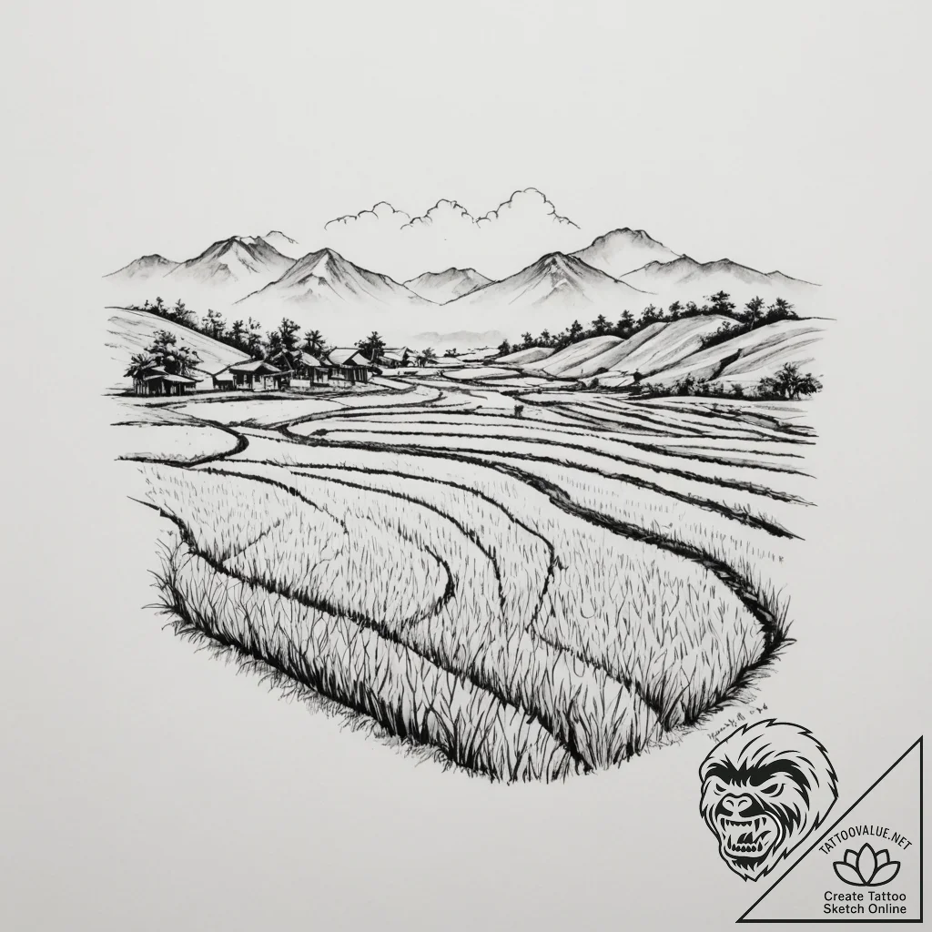 A shot of a rice paddy terrace in vietnam. - tattoo sketch (№1755030320_0, 12.08.2025 20:25) — tattoovalue.net