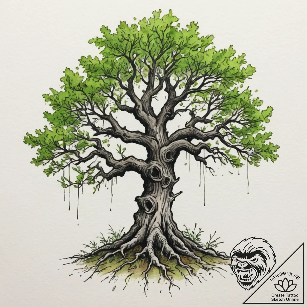 Tattoo design a powerful oak tree, its roots... - tattoo sketch (№1755031937_0, 12.08.2025 20:52) — tattoovalue.net