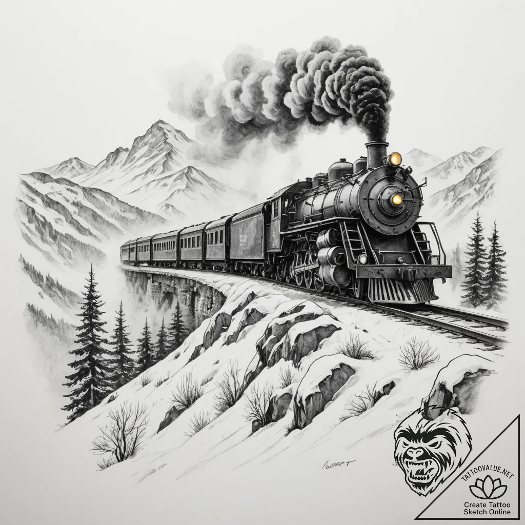 A powerful steam locomotive chugging through... - tattoo sketch (№1755033341_0, 12.08.2025 21:15) — tattoovalue.net