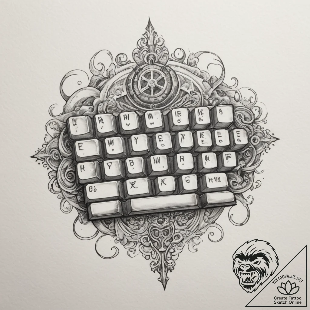 Tattoo design a stylized mechanical keyboard... - tattoo sketch (№1755033543_0, 12.08.2025 21:19) — tattoovalue.net