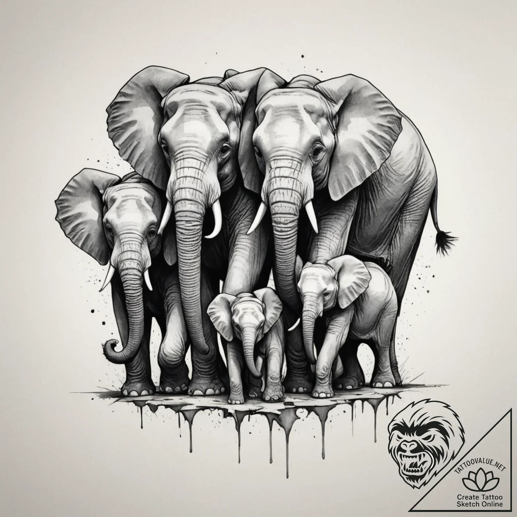 Tattoo sketch a family of elephants walking t... - tattoo sketch (№1755035578_0, 12.08.2025 21:52) — tattoovalue.net