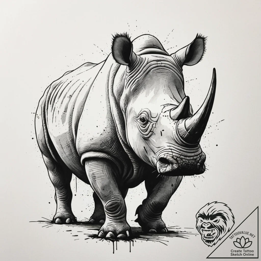 Rhinoceros, ink illustration for tattoo, on a... - tattoo sketch (№1755037594_0, 12.08.2025 22:26) — tattoovalue.net