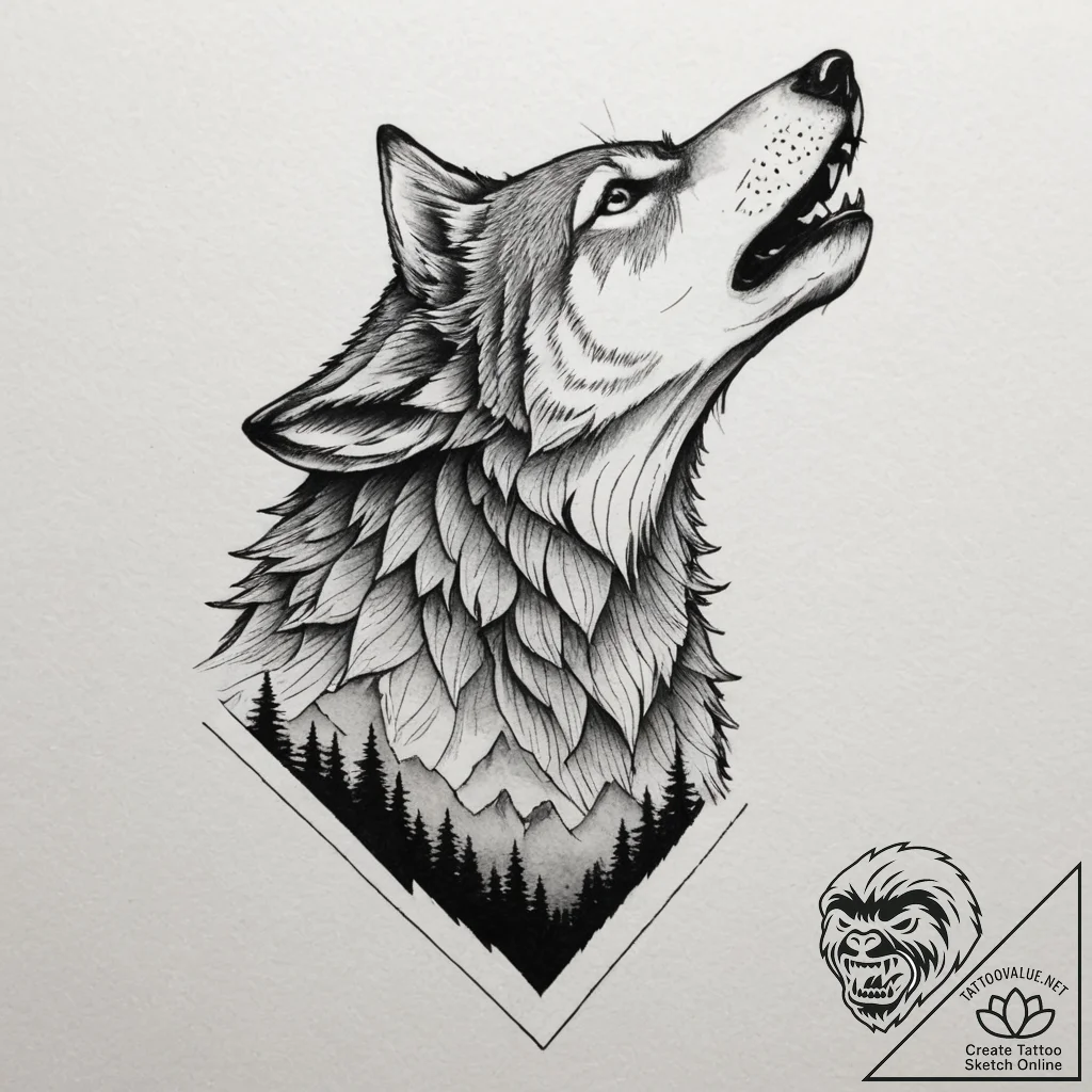 Tattoo design a wolf howling victoriously on... - tattoo sketch (№1755039791_0, 12.08.2025 23:03) — tattoovalue.net