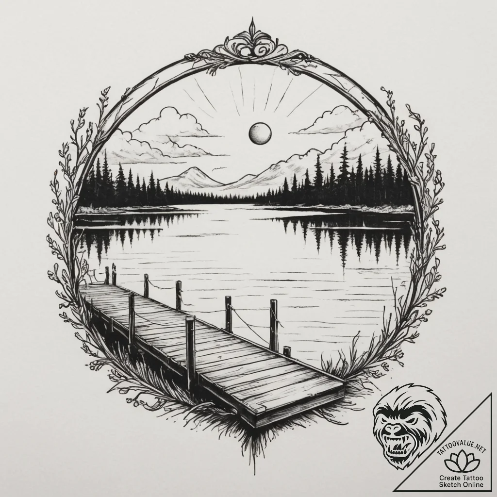 An old wooden pier stretching out into a calm... - tattoo sketch (№1755042211_0, 12.08.2025 23:43) — tattoovalue.net