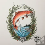A shot of a salmon ladder at a dam, with fish… – tattoo sketch (№1755045434_0, 13.08.2025 00:37) — tattoovalue.net