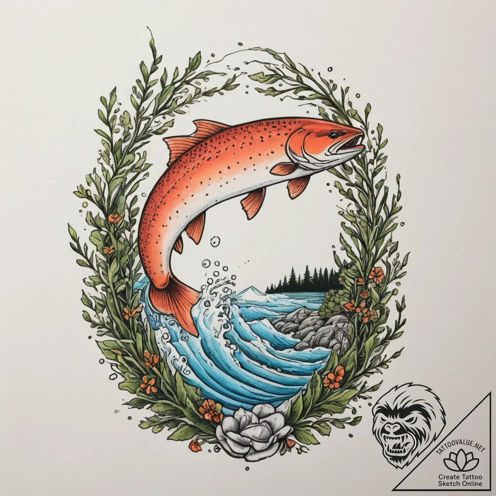A shot of a salmon ladder at a dam, with fish... - tattoo sketch (№1755045434_0, 13.08.2025 00:37) — tattoovalue.net