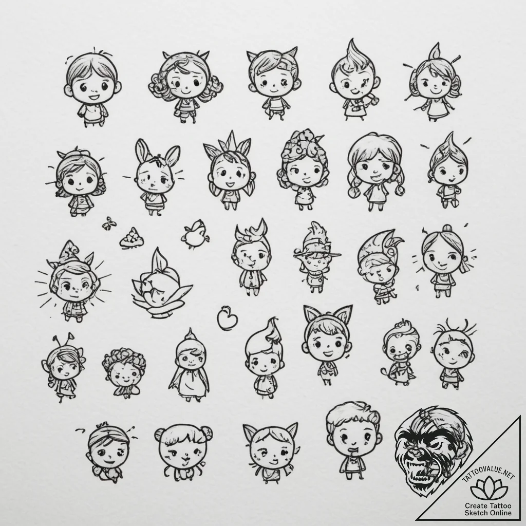 Tattoo design a collection of small, cute doo... - tattoo sketch (№1755047034_0, 13.08.2025 01:03) — tattoovalue.net