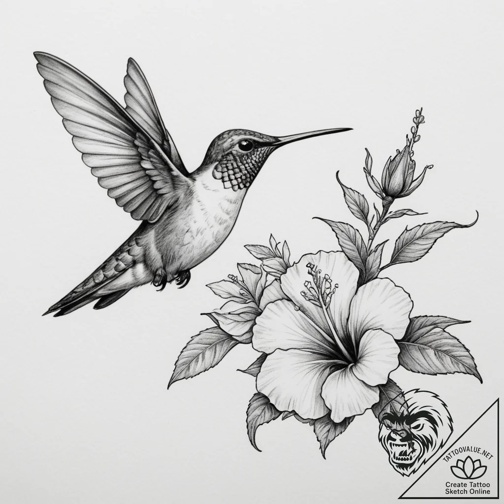 A hummingbird drinking from a hibiscus flower - tattoo sketch (№1755047439_0, 13.08.2025 01:10) — tattoovalue.net