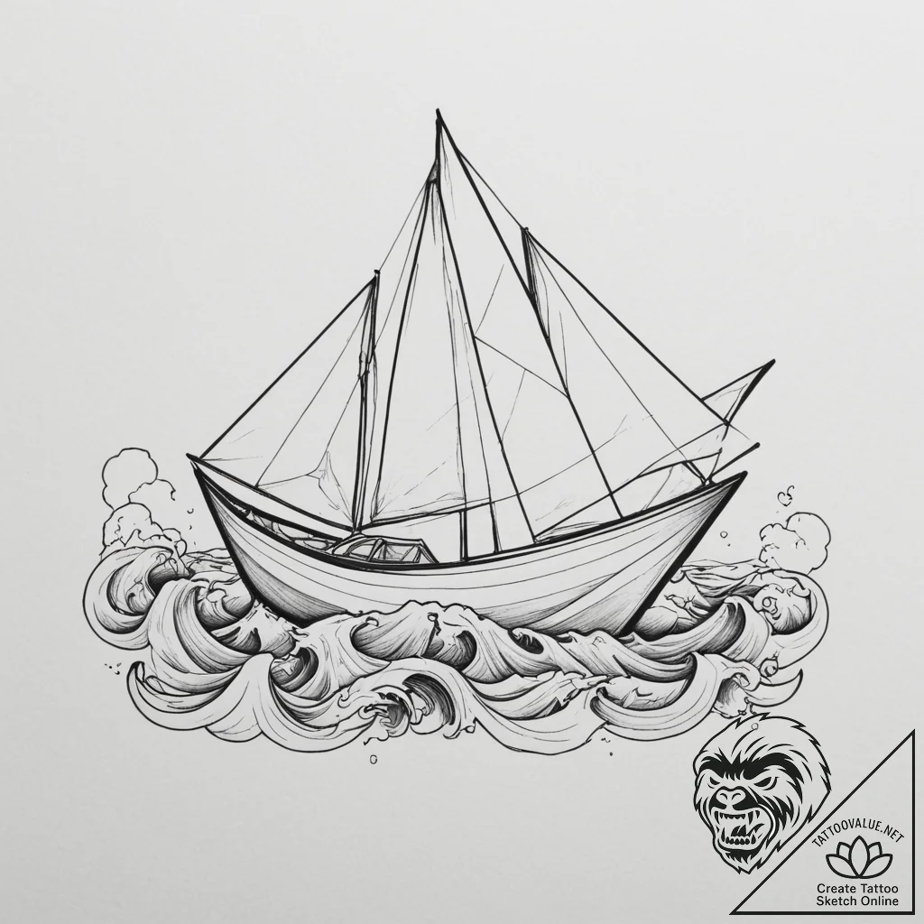 Origami boat on a wave, tattoo drawing outlin... - tattoo sketch (№1755048856_0, 13.08.2025 01:34) — tattoovalue.net
