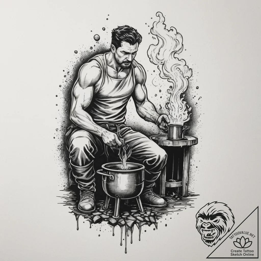A blacksmith quenching a hot piece of metal i... - tattoo sketch (№1755050668_0, 13.08.2025 02:04) — tattoovalue.net