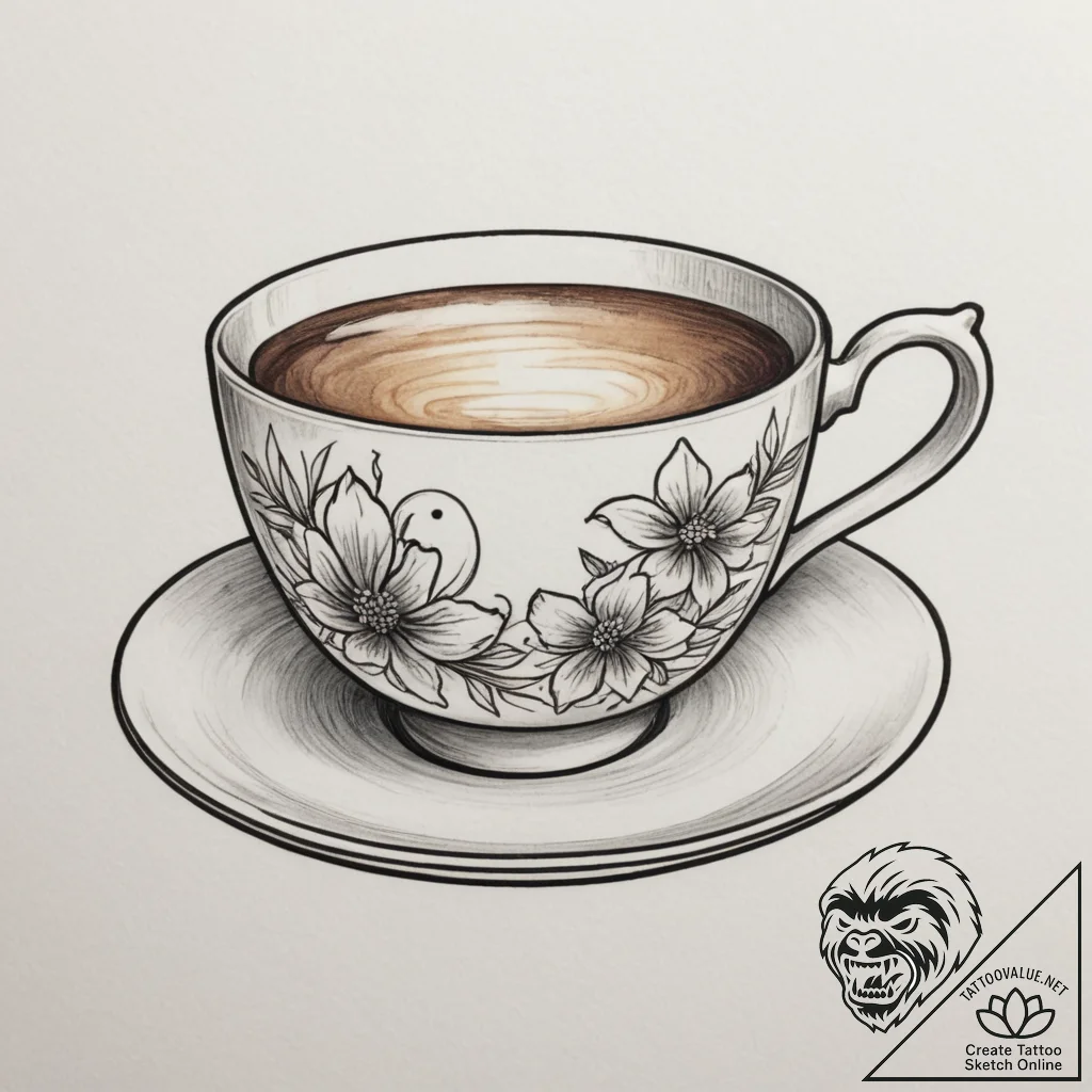 Tattoo sketch a stylized teacup with a whimsi... - tattoo sketch (№1755050867_0, 13.08.2025 02:07) — tattoovalue.net