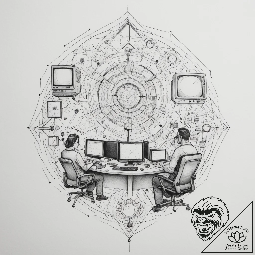 A modern, high-tech command center with multi... - tattoo sketch (№1755055212_0, 13.08.2025 03:20) — tattoovalue.net