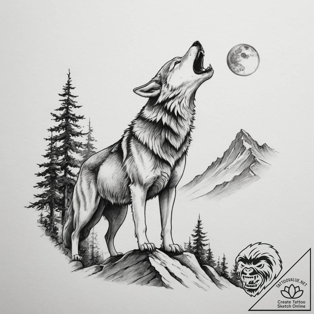 Tattoo design a wolf howling victoriously on... - tattoo sketch (№1755056208_0, 13.08.2025 03:36) — tattoovalue.net