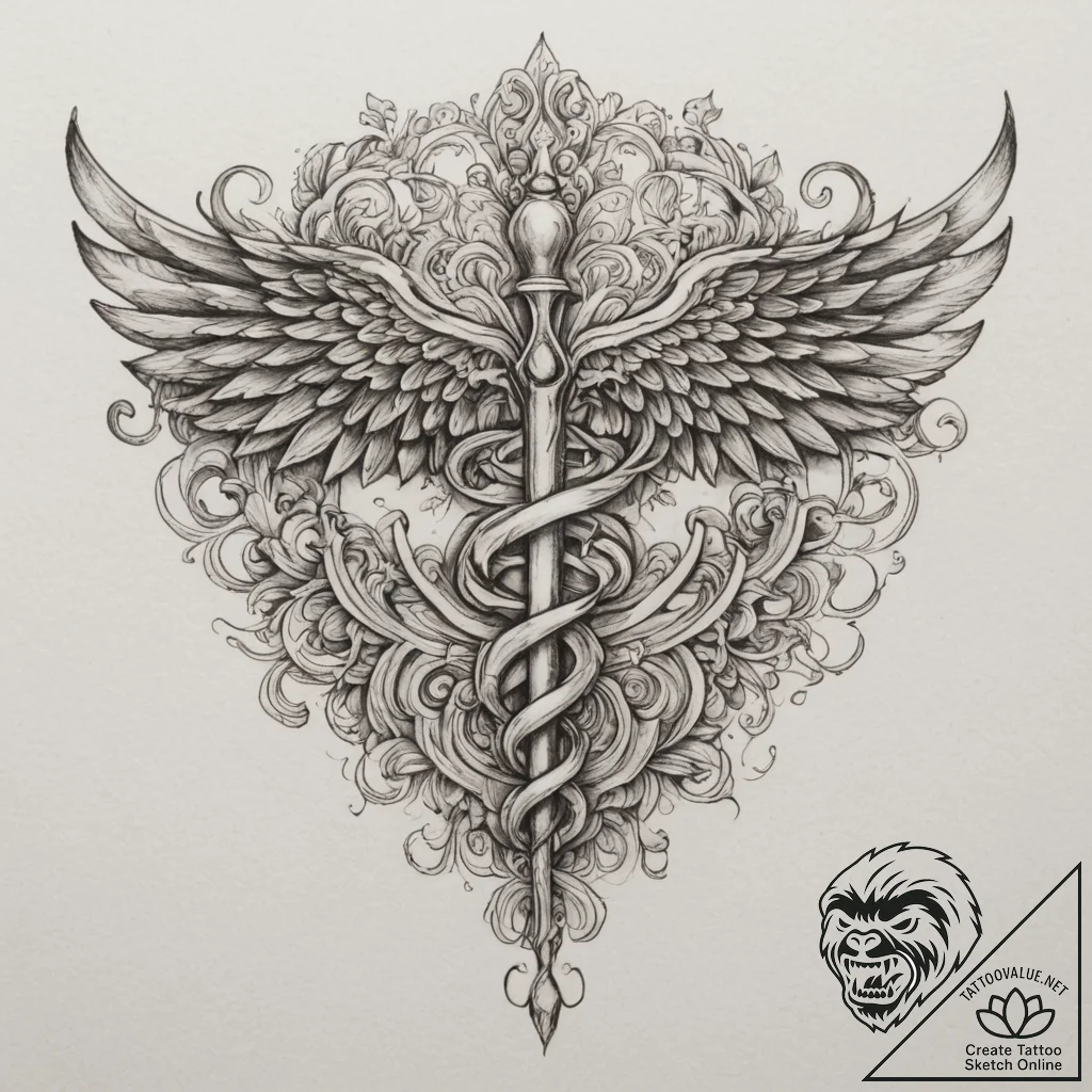 Caduceus, tattoo sketch design, ornamental ta... - tattoo sketch (№1755058595_0, 13.08.2025 04:16) — tattoovalue.net