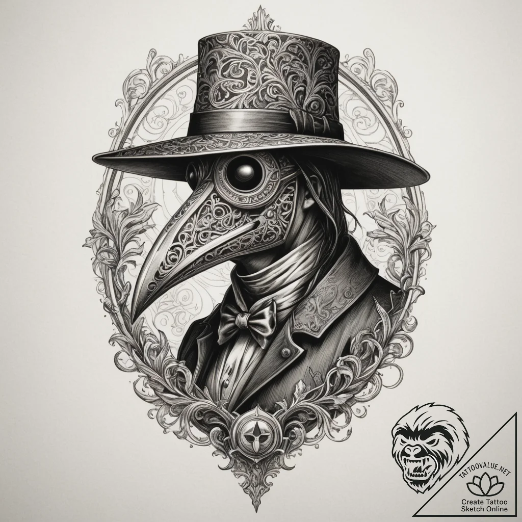Plague doctor, concept art for tattoo, sepia... - tattoo sketch (№1755060393_0, 13.08.2025 04:46) — tattoovalue.net