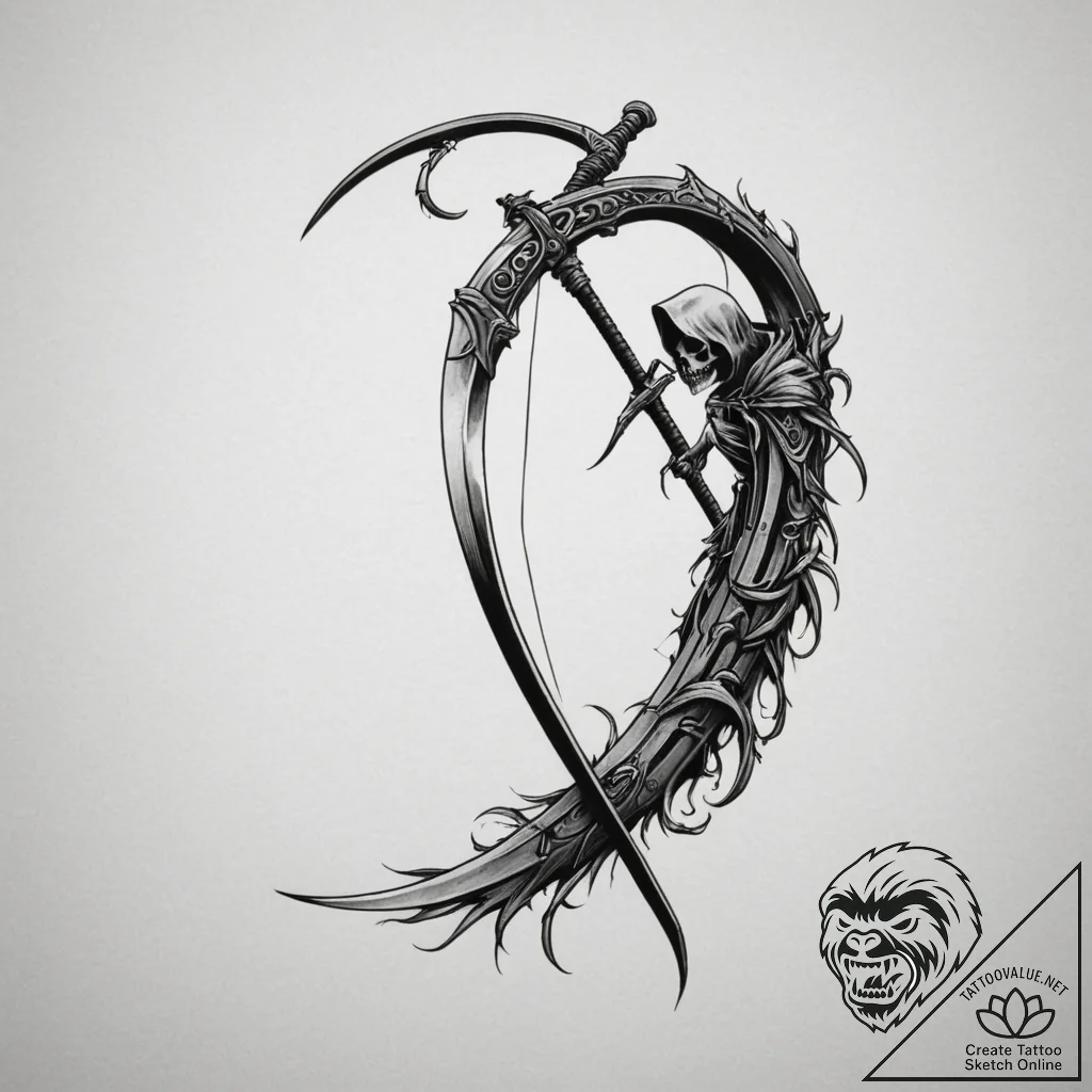 Reaper's scythe leaning against a wall, tatto... - tattoo sketch (№1755063782_0, 13.08.2025 05:43) — tattoovalue.net