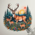 A small herd of deer grazing in a forest clea… – tattoo sketch (№1755064780_0, 13.08.2025 05:59) — tattoovalue.net
