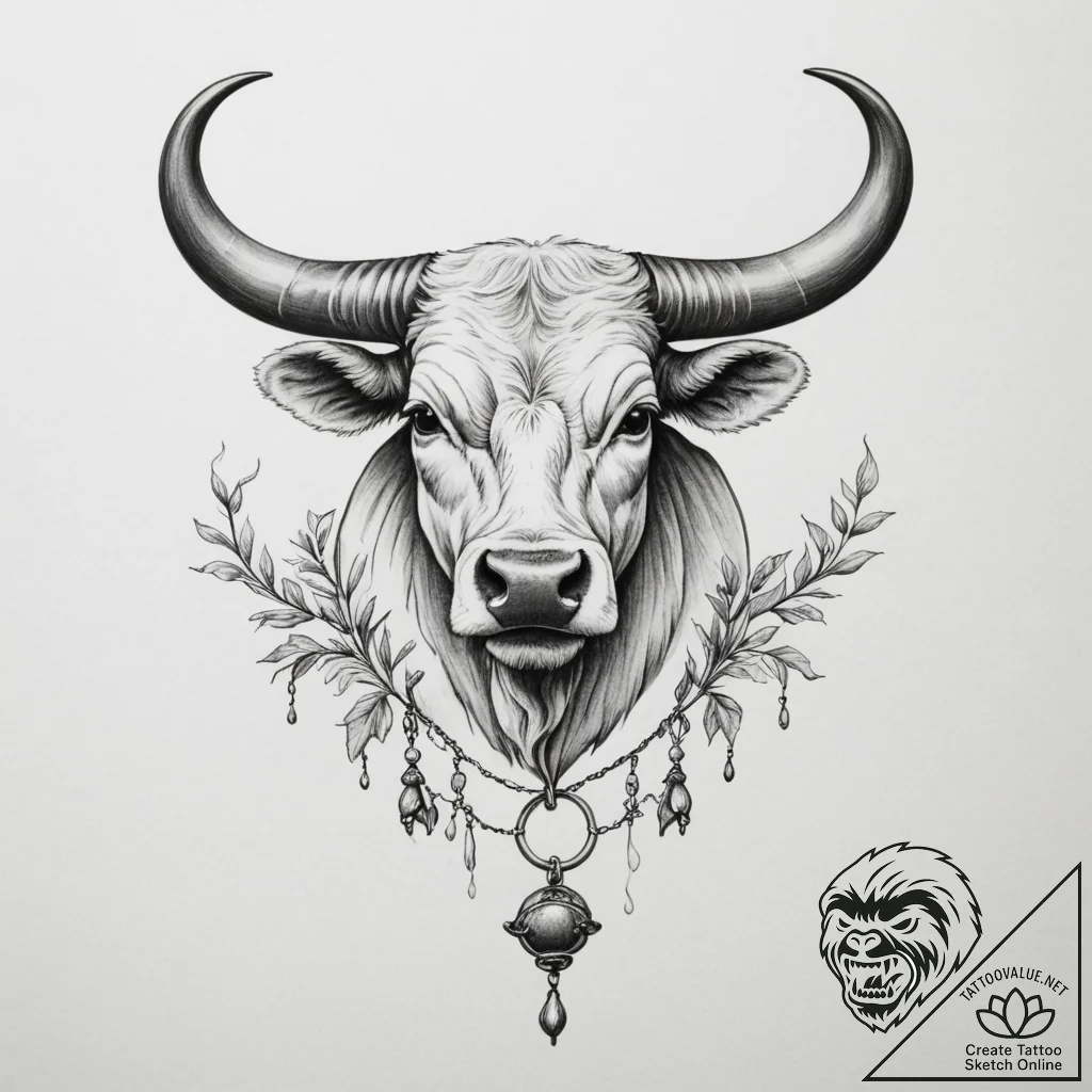 Tattoo design a taurus bull with a delicate b... - tattoo sketch (№1755065775_0, 13.08.2025 06:16) — tattoovalue.net