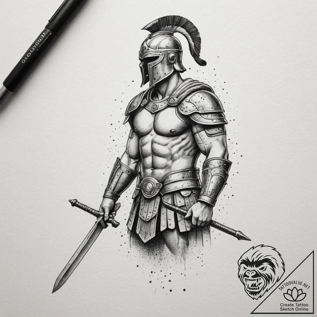 Gladiator, tattoo sketch design, muted color... - tattoo sketch (№1755068368_0, 13.08.2025 06:59) — tattoovalue.net