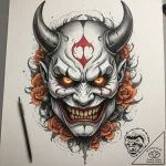 An oni mask cracking to reveal a human face,… – tattoo sketch (№1755070163_0, 13.08.2025 07:29) — tattoovalue.net