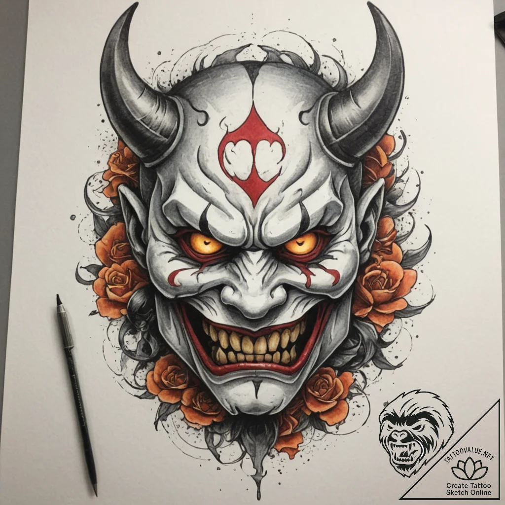 An oni mask cracking to reveal a human face,... - tattoo sketch (№1755070163_0, 13.08.2025 07:29) — tattoovalue.net