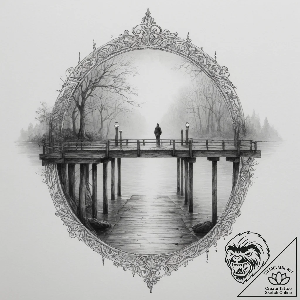 A lone figure standing at the end of a pier o... - tattoo sketch (№1755072752_0, 13.08.2025 08:12) — tattoovalue.net