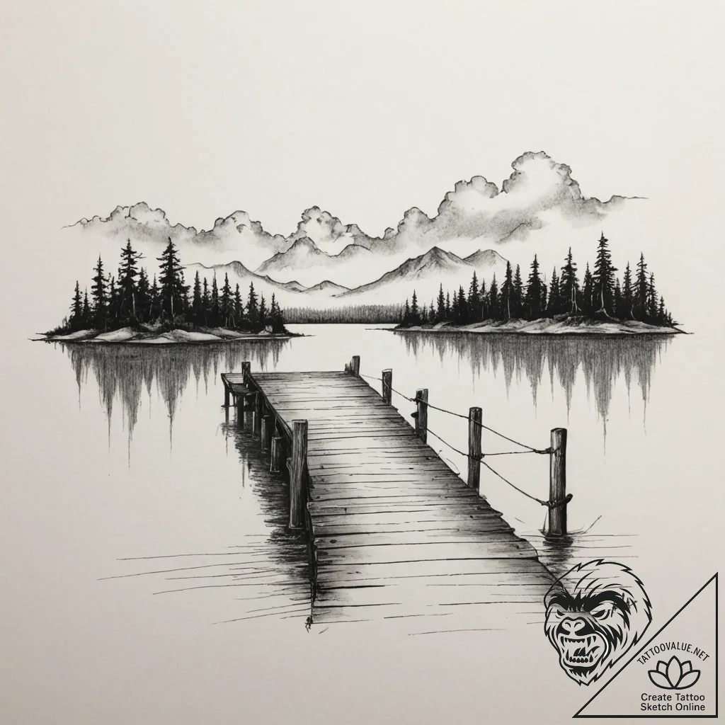 An old wooden pier stretching out into a calm... - tattoo sketch (№1755073351_0, 13.08.2025 08:22) — tattoovalue.net