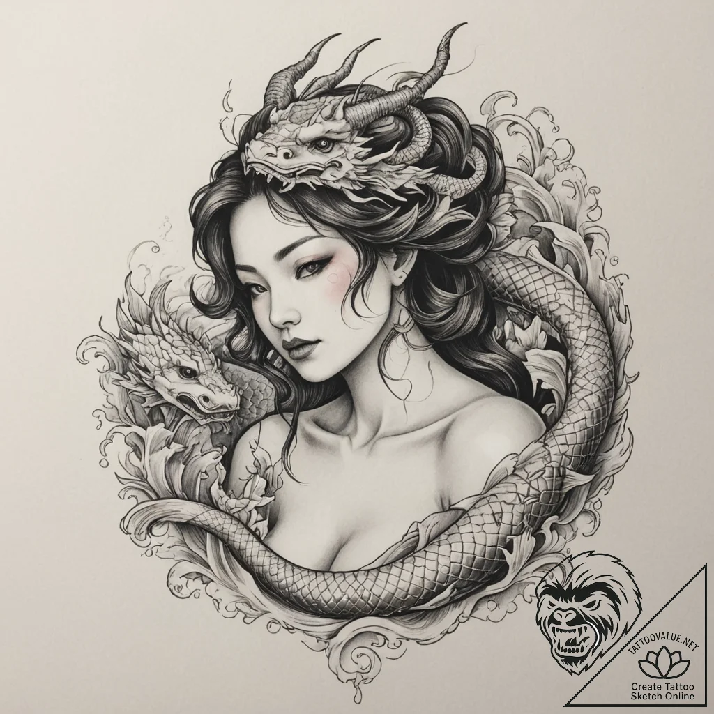 Tattoo sketch: a serene, yet haunting, depict... - tattoo sketch (№1755075945_0, 13.08.2025 09:05) — tattoovalue.net