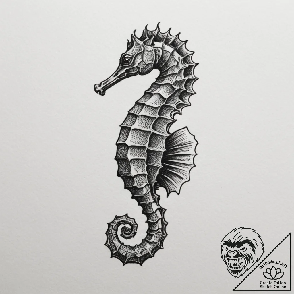 Tattoo sketch a small, stylized seahorse, sym... - tattoo sketch (№1755076542_0, 13.08.2025 09:15) — tattoovalue.net